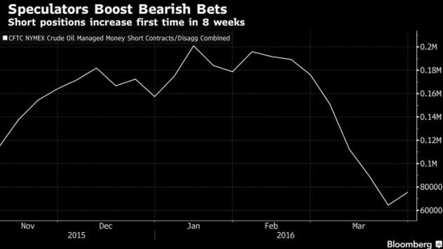 Движението на късите позиции в петрол за ноември 2015-април 2016. Източник: Bloomberg Terminal