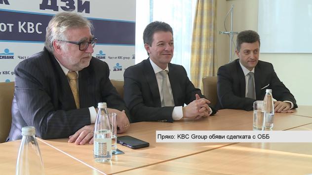 Йохан Тейз, главен изпълнителен директор на KBC Group, Люк Хисенс, главен изпълнителен директор „Международни пазари“ в KBC и Петър Андронов, главен изпълнителен директор на СИБАНК. Снимка: Bloomberg TV Bulgaria