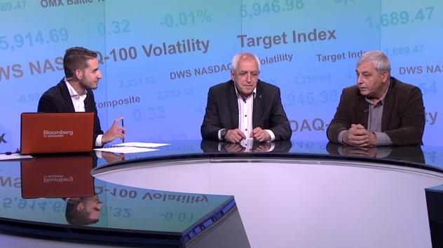 Петър Бунев,  председател на СЖБ – КНСБ и Симеон Ананиев, Асоциация на българските жп превозвачи. Снимка: Bloomberg TV Bulgaria