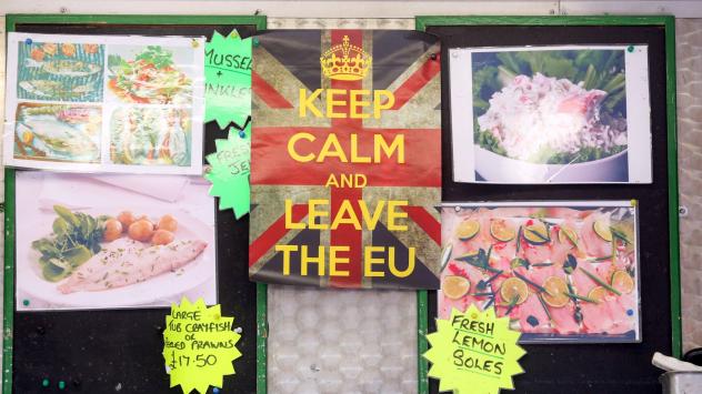 Постер на кампанията за излизане на Великобритания от ЕС в Ромфорт, 30 март 2016.  Photographer: Chris Ratcliffe/Bloomberg