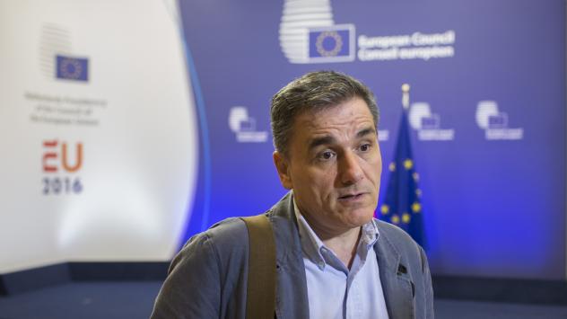 Евклидис Цакалотос, министър на финансите на Гърция след срещата на министрите на финансите на Еврозоната. 24 май 2016. Брюксел. Photographer: Jasper Juinen/Bloomberg