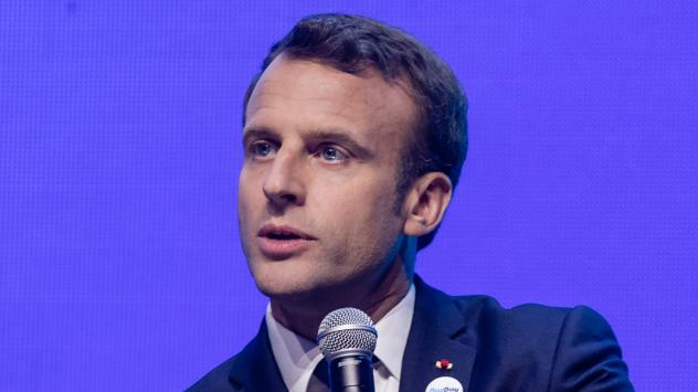 Еманюел Макрон, президент на Франция говори на технологичната конференция Viva в Париж. 16 май 2019. Photographer: Marlene Awaad/Bloomberg