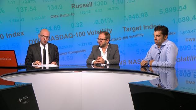 Теодор Стойчев, ръководител на Бюрото на Европейския парламент в България + Кирил Петков, създател на Центъра за приложни изследвания и иновации към Биологическия факултет на СУ „Св. Климент Охридски“. Снимка: Bloomberg TV Bulgaria